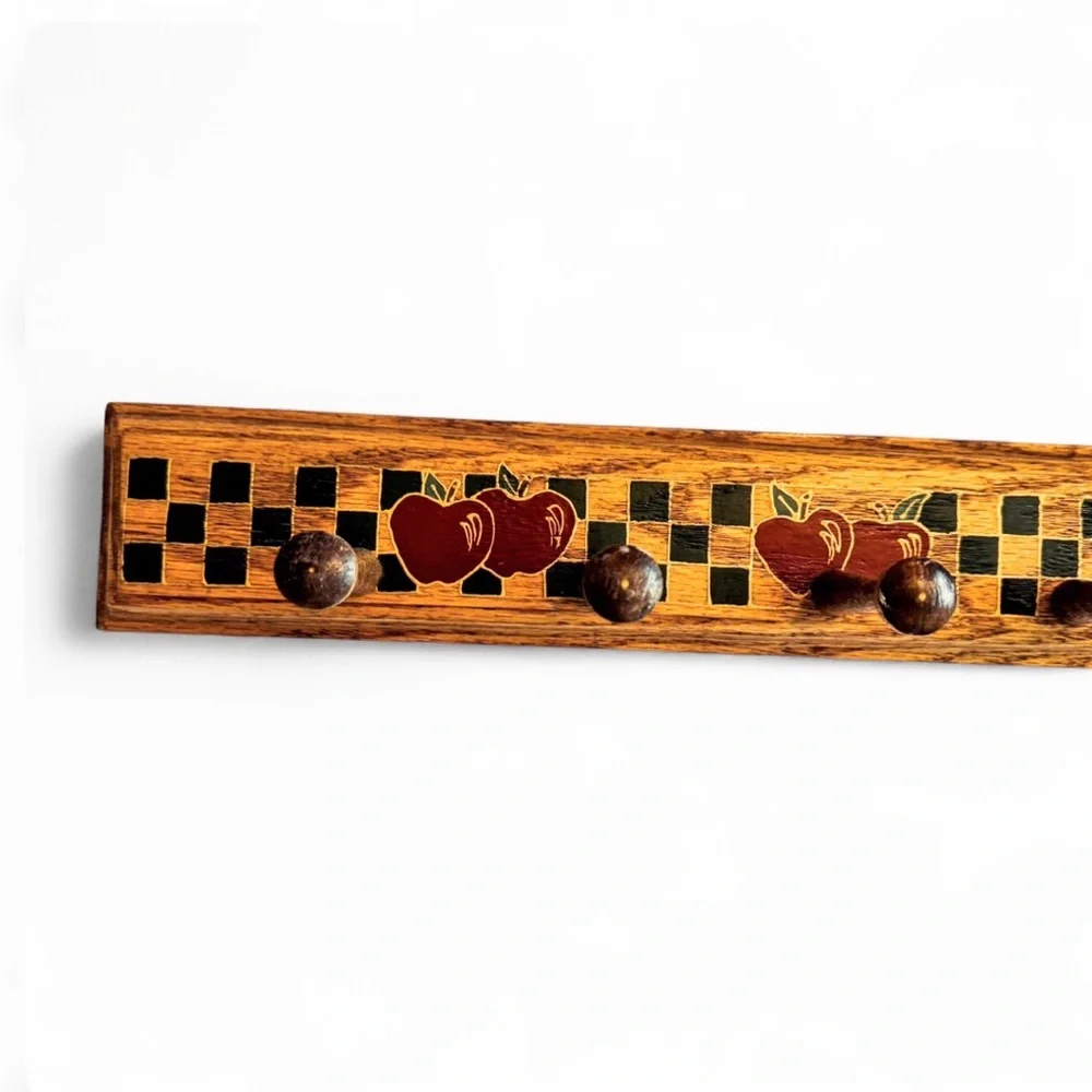 Vintage Wooden Wall Coat Rack Hand Painted Apple Checker Farmhouse Cottagecore